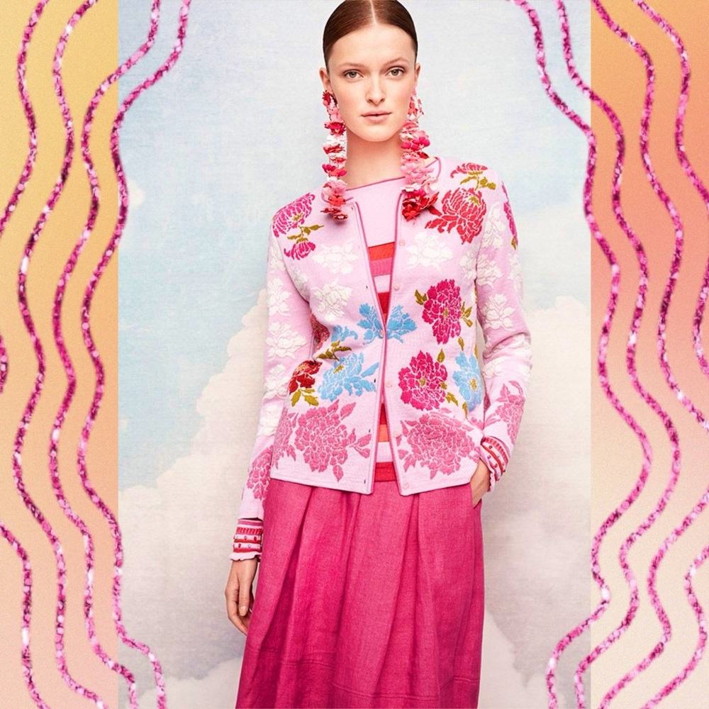 oleana • hot pink peonies cardigan intarsia knit sweater l